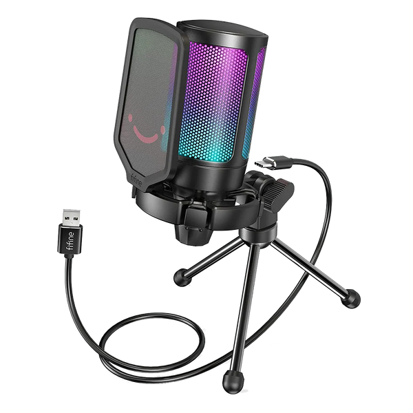 FIFINE AmpliGame A6V USB Gaming Condenser Microphone with RGB, Quick Mute, Gain Control & Shock Mount