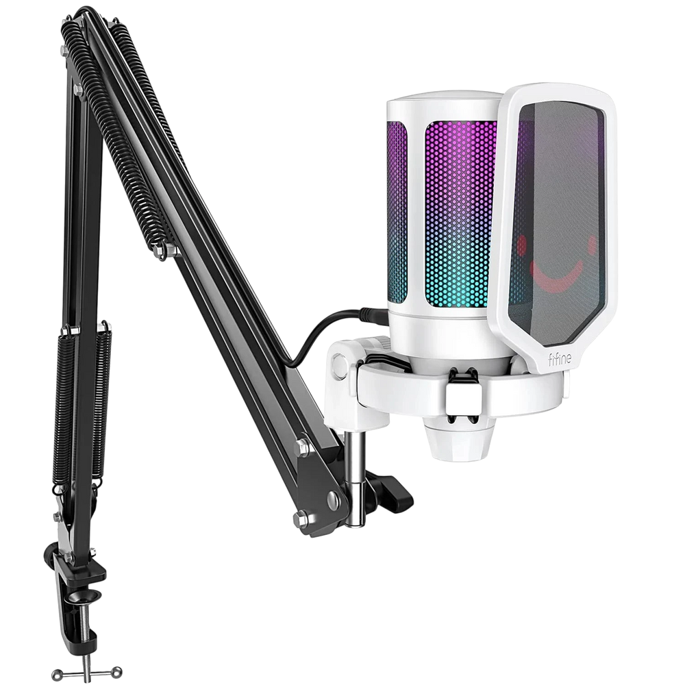 FIFINE AmpliGame A6T USB Gaming Condenser Microphone Kit White with RGB, Touch Mute & Boom Arm