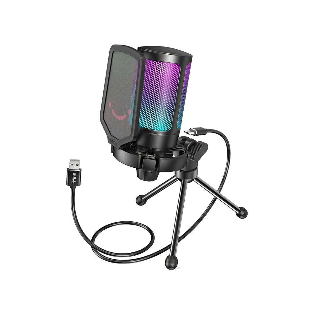 FIFINE AmpliGame A6V USB Gaming Condenser Microphone with RGB, Quick Mute, Gain Control & Shock Mount